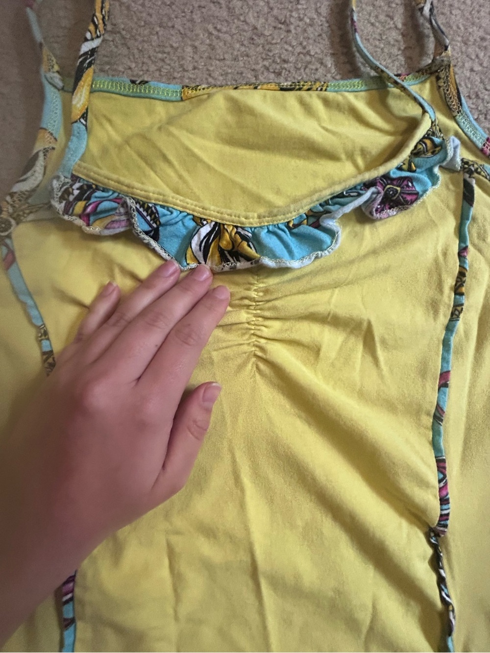Y2K Ruffle detailing blue pattern 2000โs tank top cami yellow reworked vintage - Picture 3 of 8